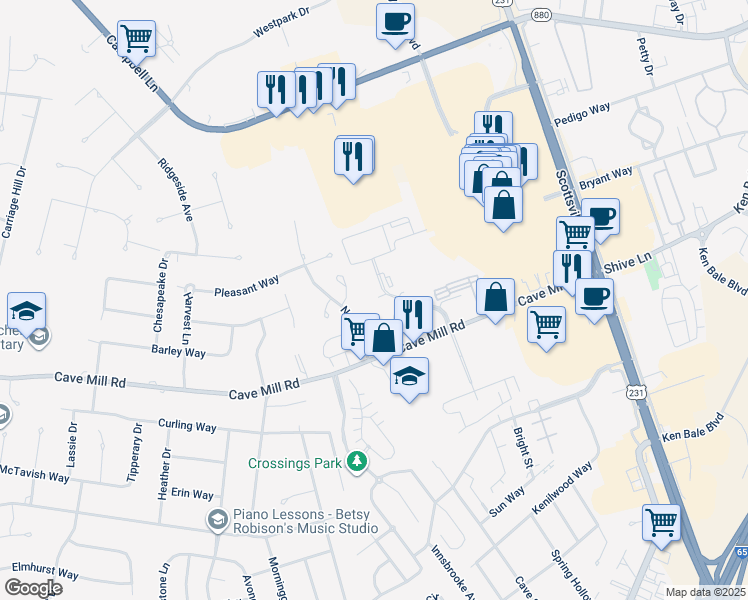 map of restaurants, bars, coffee shops, grocery stores, and more near Chandler Drive in Bowling Green