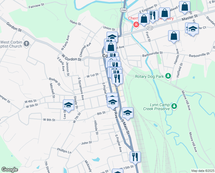 map of restaurants, bars, coffee shops, grocery stores, and more near 204 West 4th Street in Corbin