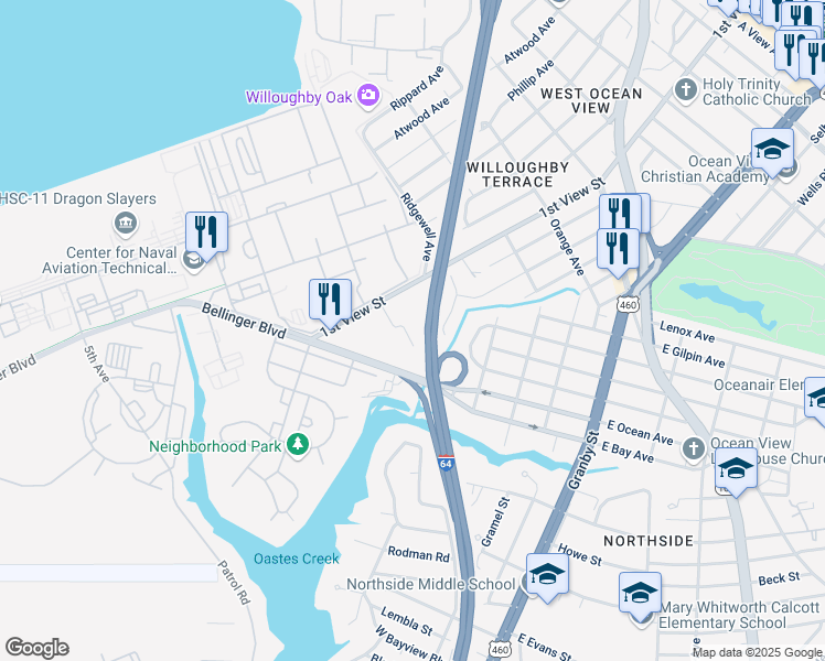 map of restaurants, bars, coffee shops, grocery stores, and more near 244 Burgoyne Road in Norfolk
