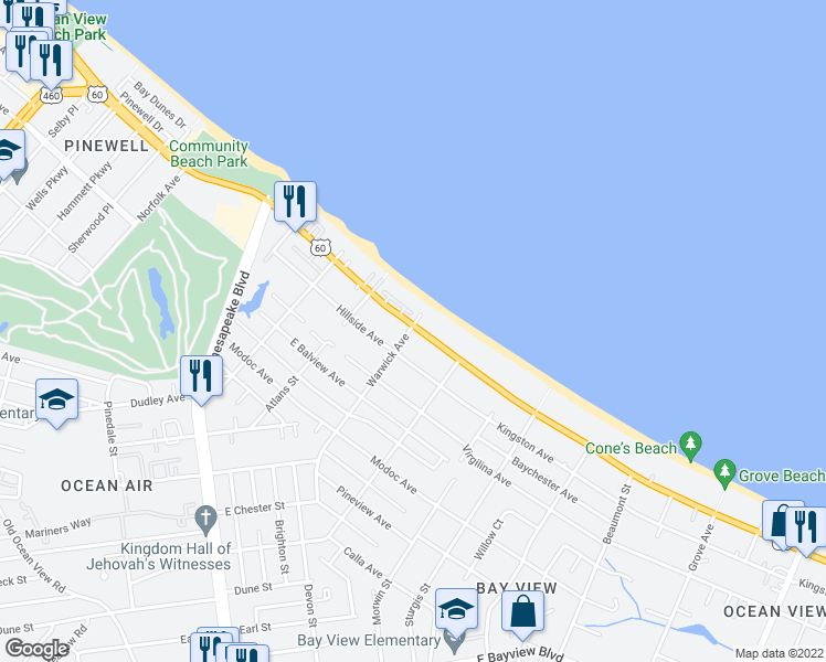 map of restaurants, bars, coffee shops, grocery stores, and more near 1201 U.S. 60 in Norfolk