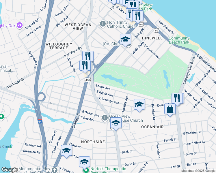 map of restaurants, bars, coffee shops, grocery stores, and more near 214 Lenox Avenue in Norfolk