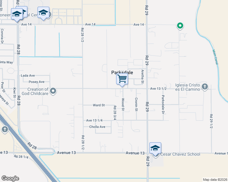 map of restaurants, bars, coffee shops, grocery stores, and more near 28686 Avenue 13 1/2 in Madera