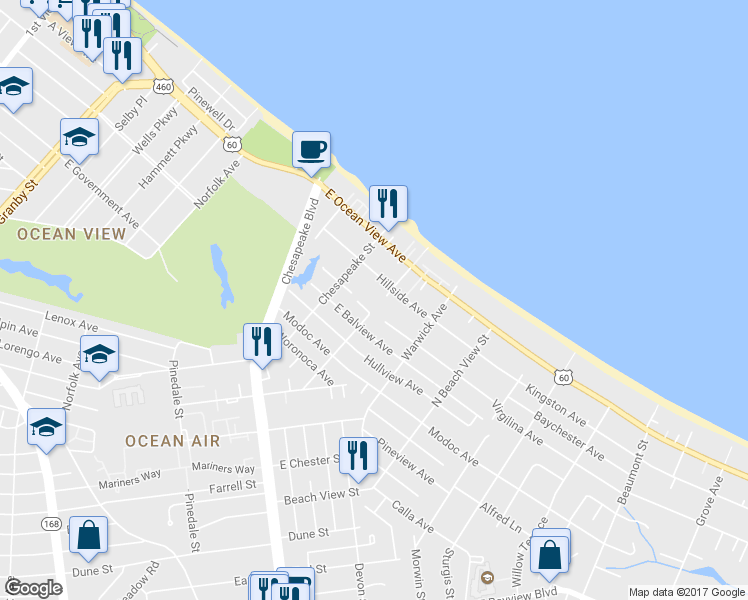 map of restaurants, bars, coffee shops, grocery stores, and more near 9603 Atlans Street in Norfolk