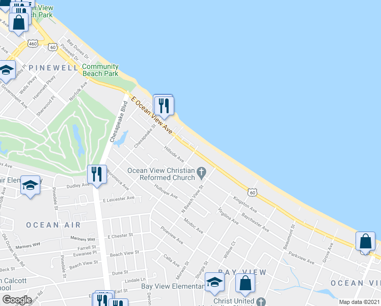 map of restaurants, bars, coffee shops, grocery stores, and more near 1201 U.S. 60 in Norfolk