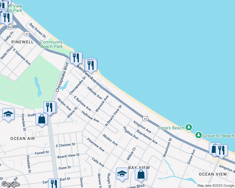 map of restaurants, bars, coffee shops, grocery stores, and more near 1222 East Ocean View Avenue in Norfolk