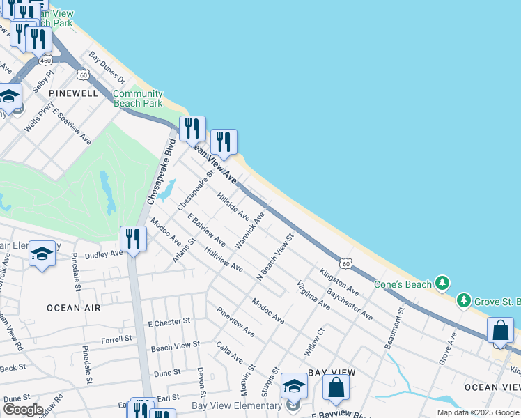 map of restaurants, bars, coffee shops, grocery stores, and more near 1139 East Ocean View Avenue in Norfolk