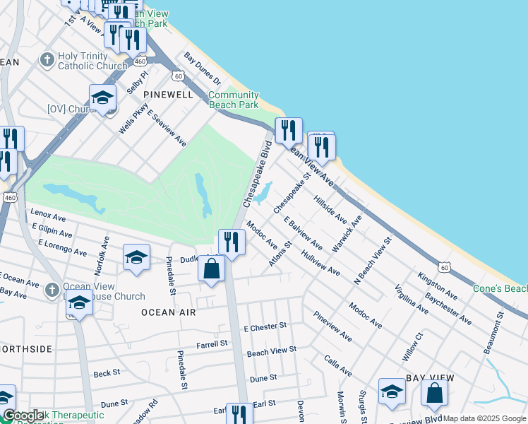 map of restaurants, bars, coffee shops, grocery stores, and more near 934 Hullview Avenue in Norfolk