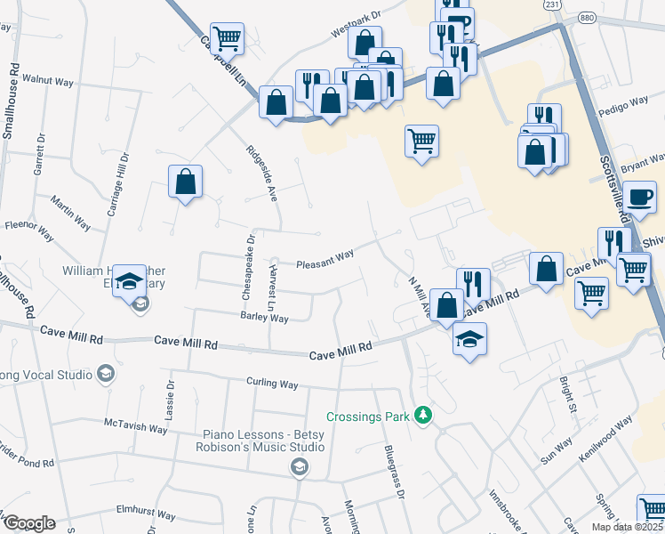 map of restaurants, bars, coffee shops, grocery stores, and more near 1709 Pleasant Way in Bowling Green