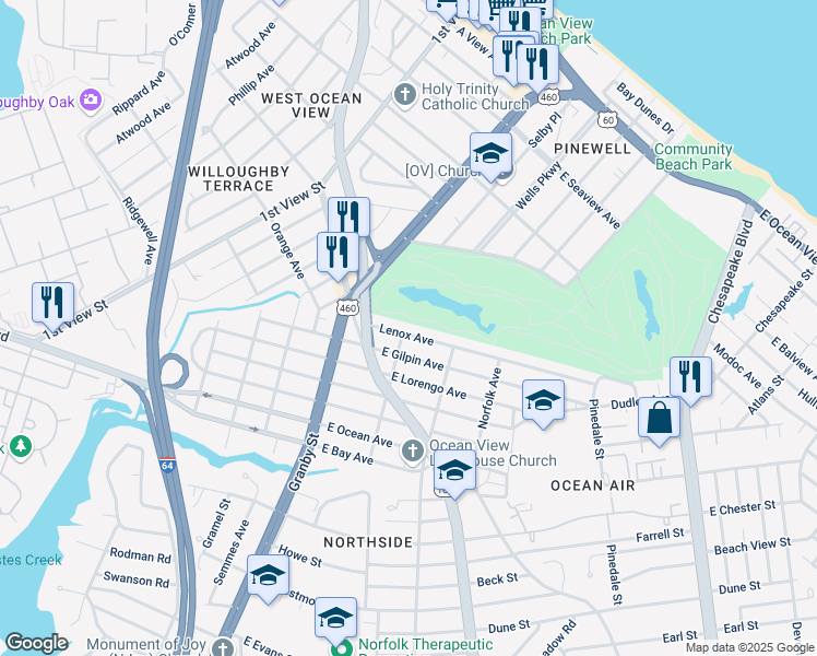 map of restaurants, bars, coffee shops, grocery stores, and more near 151 Lenox Avenue in Norfolk