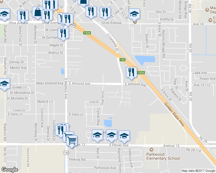 map of restaurants, bars, coffee shops, grocery stores, and more near 720 East Almond Avenue in Madera