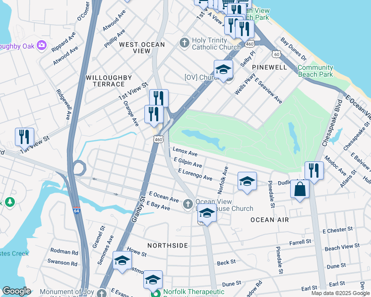 map of restaurants, bars, coffee shops, grocery stores, and more near 151 Lenox Avenue in Norfolk