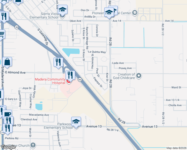 map of restaurants, bars, coffee shops, grocery stores, and more near 817 Papaya Street in Madera