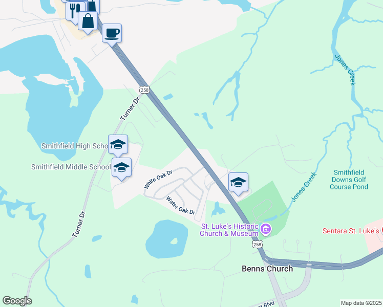 map of restaurants, bars, coffee shops, grocery stores, and more near 14214 Benns Church Boulevard in Smithfield