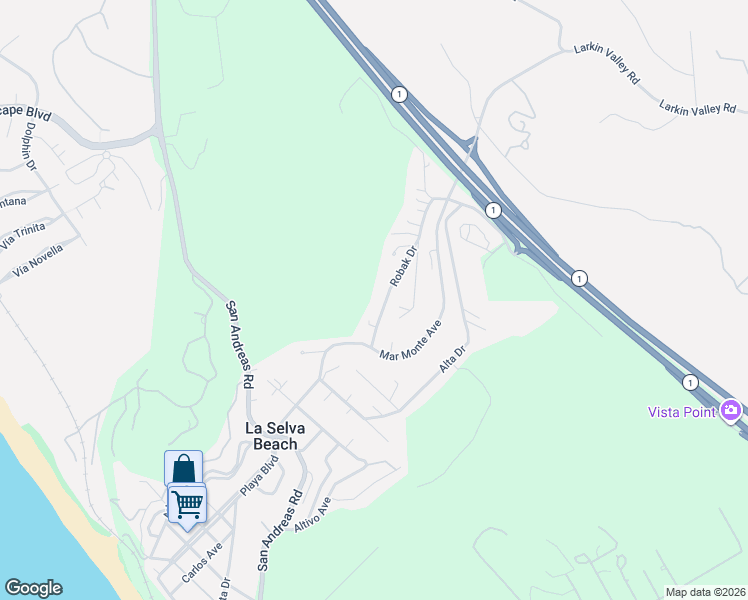 map of restaurants, bars, coffee shops, grocery stores, and more near 102 Robak Drive in La Selva Beach