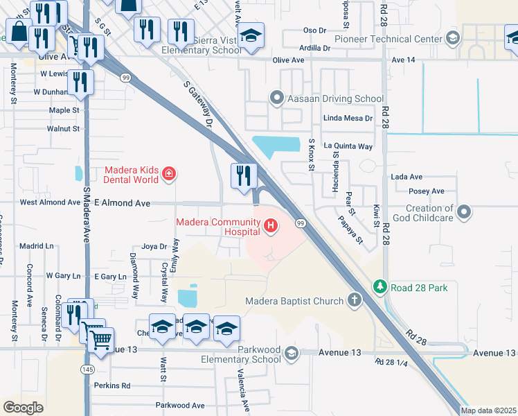map of restaurants, bars, coffee shops, grocery stores, and more near 1260 East Almond Avenue in Madera