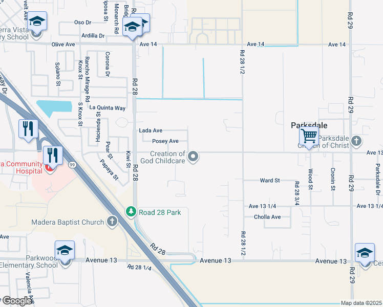 map of restaurants, bars, coffee shops, grocery stores, and more near 28312 Avenue 13 1/2 in Madera