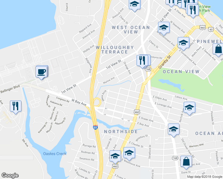 map of restaurants, bars, coffee shops, grocery stores, and more near 190 West Lorengo Avenue in Norfolk