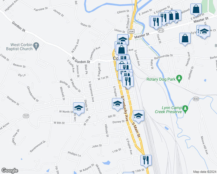 map of restaurants, bars, coffee shops, grocery stores, and more near 405 West 3rd Street in Corbin