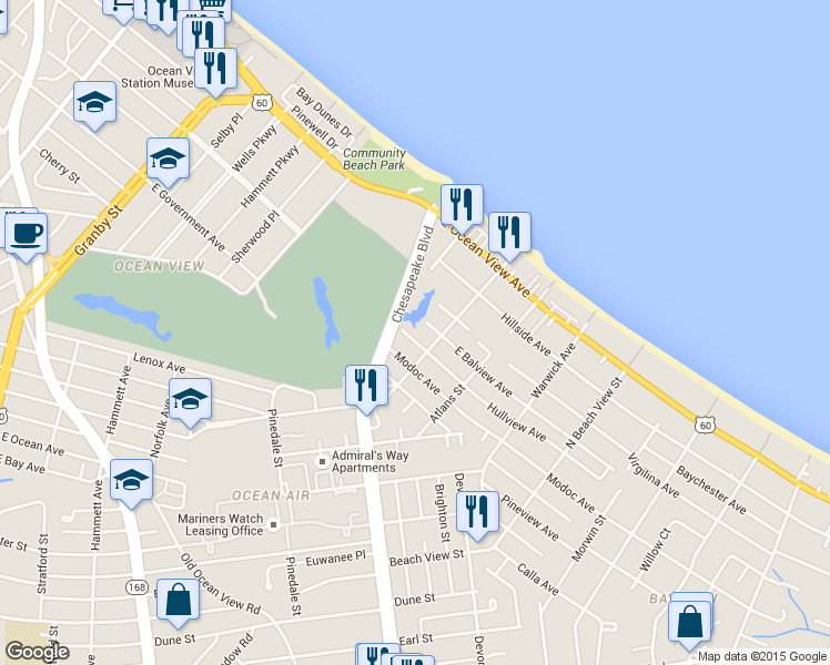 map of restaurants, bars, coffee shops, grocery stores, and more near 938 Hullview Avenue in Norfolk