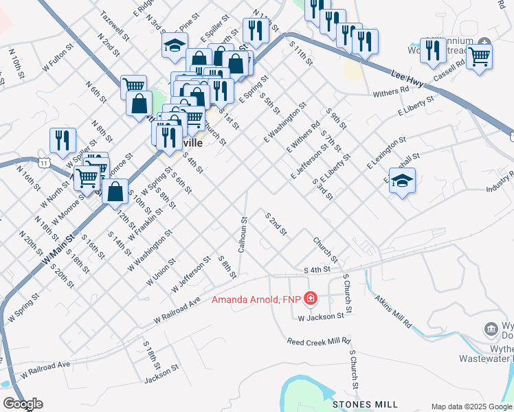 map of restaurants, bars, coffee shops, grocery stores, and more near 200 West Jefferson Street in Wytheville