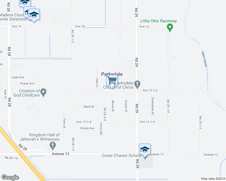map of restaurants, bars, coffee shops, grocery stores, and more near 13499 Wood Street in Madera