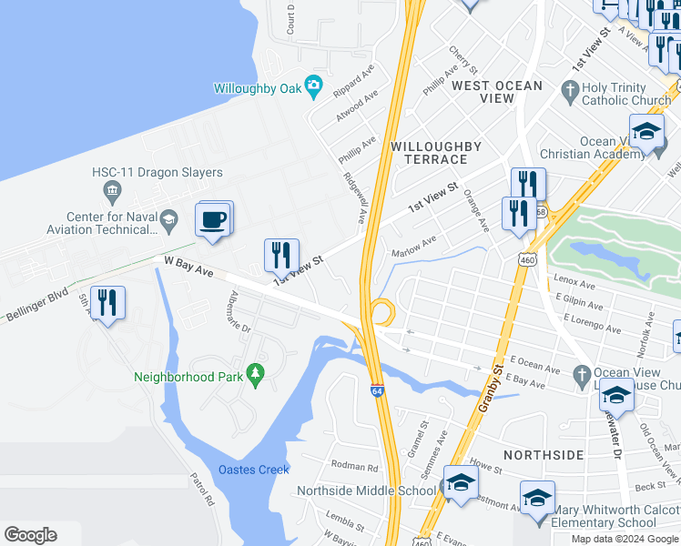 map of restaurants, bars, coffee shops, grocery stores, and more near 256 Burgoyne Road in Norfolk
