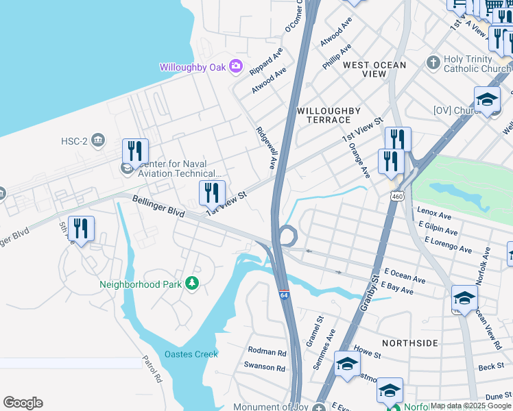 map of restaurants, bars, coffee shops, grocery stores, and more near 256 Burgoyne Road in Norfolk