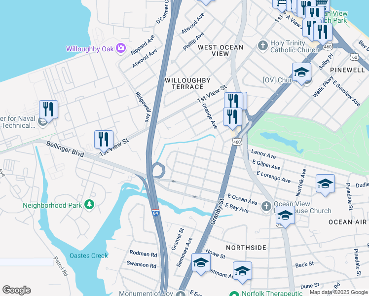 map of restaurants, bars, coffee shops, grocery stores, and more near 174 West Lorengo Avenue in Norfolk