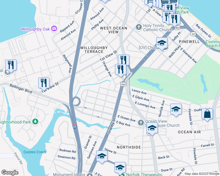 map of restaurants, bars, coffee shops, grocery stores, and more near 139 West Gilpin Avenue in Norfolk