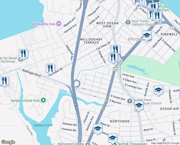 map of restaurants, bars, coffee shops, grocery stores, and more near 174 West Lorengo Avenue in Norfolk