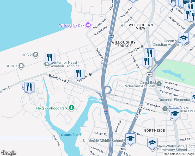 map of restaurants, bars, coffee shops, grocery stores, and more near 244 Burgoyne Road in Norfolk