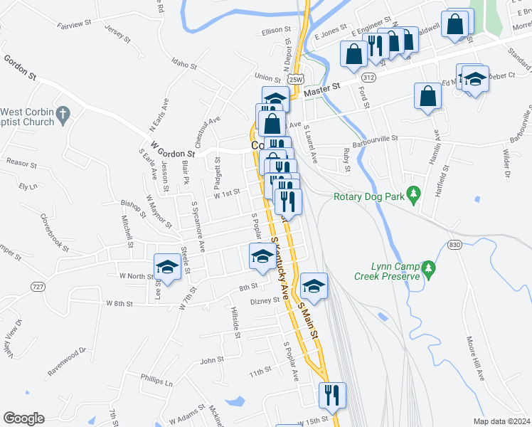 map of restaurants, bars, coffee shops, grocery stores, and more near 204 West 4th Street in Corbin