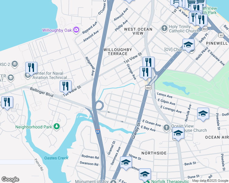 map of restaurants, bars, coffee shops, grocery stores, and more near 190 West Lorengo Avenue in Norfolk