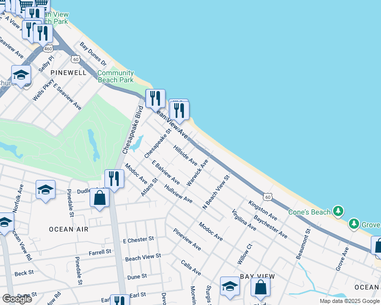 map of restaurants, bars, coffee shops, grocery stores, and more near 1107 East Ocean View Avenue in Norfolk