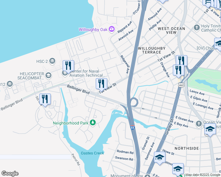 map of restaurants, bars, coffee shops, grocery stores, and more near 9052 1st View Street in Norfolk