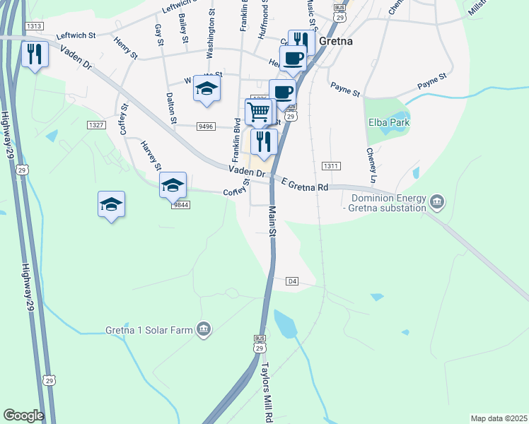 map of restaurants, bars, coffee shops, grocery stores, and more near 704 South Main Street in Gretna