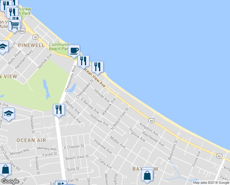 map of restaurants, bars, coffee shops, grocery stores, and more near 1130 Cottage Place in Norfolk