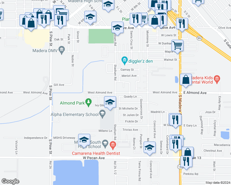 map of restaurants, bars, coffee shops, grocery stores, and more near 2599 West Almond Avenue in Madera