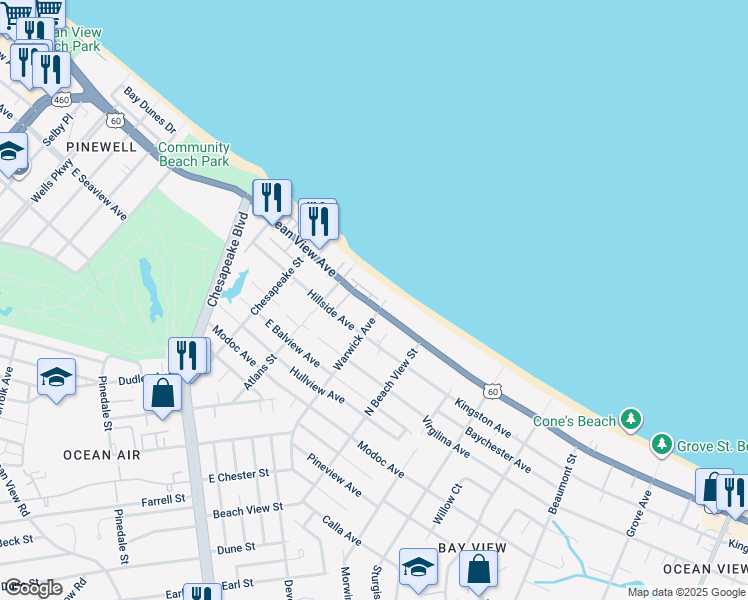 map of restaurants, bars, coffee shops, grocery stores, and more near 1130 Cottage Place in Norfolk