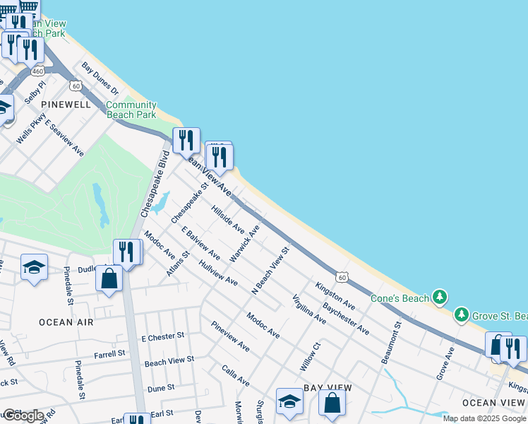 map of restaurants, bars, coffee shops, grocery stores, and more near in Norfolk