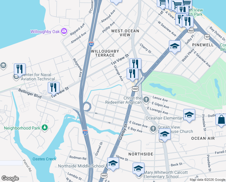 map of restaurants, bars, coffee shops, grocery stores, and more near 139 West Gilpin Avenue in Norfolk