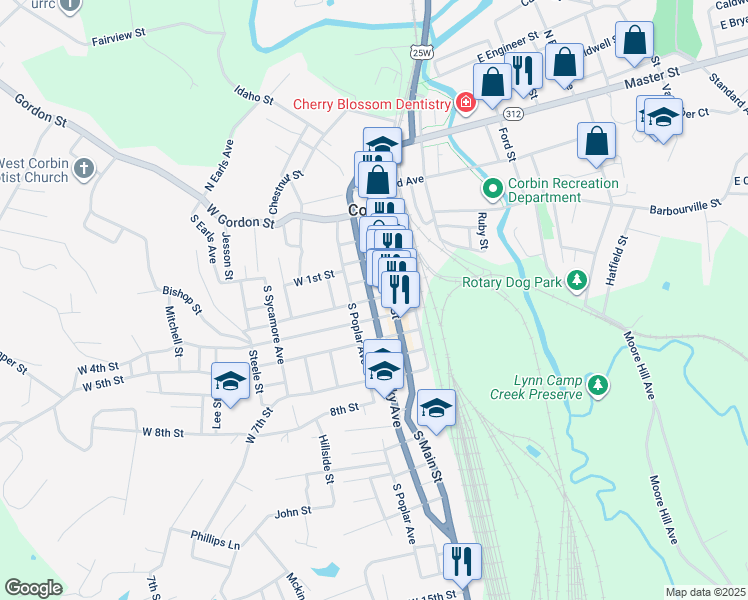 map of restaurants, bars, coffee shops, grocery stores, and more near 204 West 4th Street in Corbin