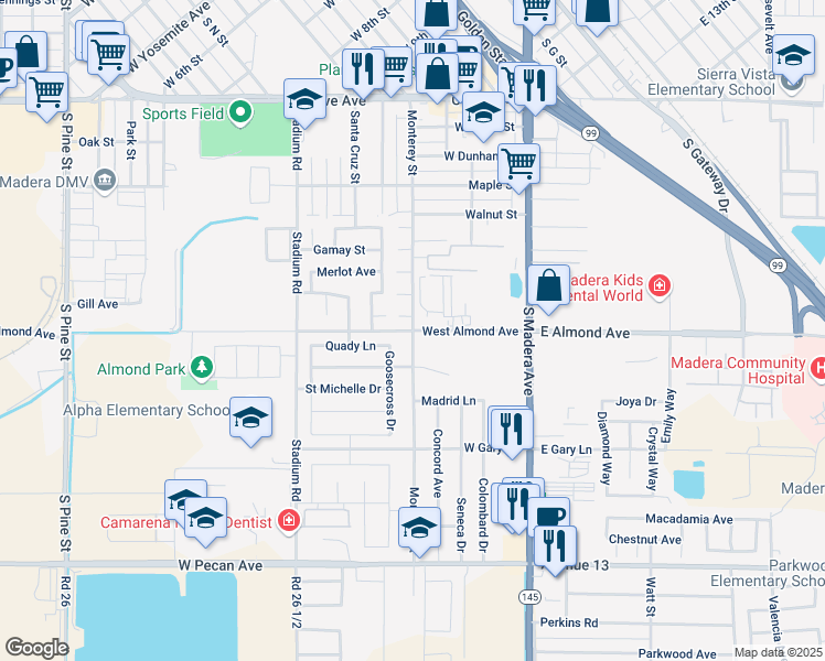 map of restaurants, bars, coffee shops, grocery stores, and more near 823 Monterey Street in Madera