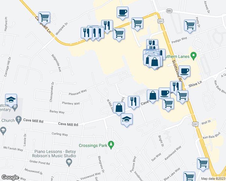 map of restaurants, bars, coffee shops, grocery stores, and more near 2643 Chandler Drive in Bowling Green