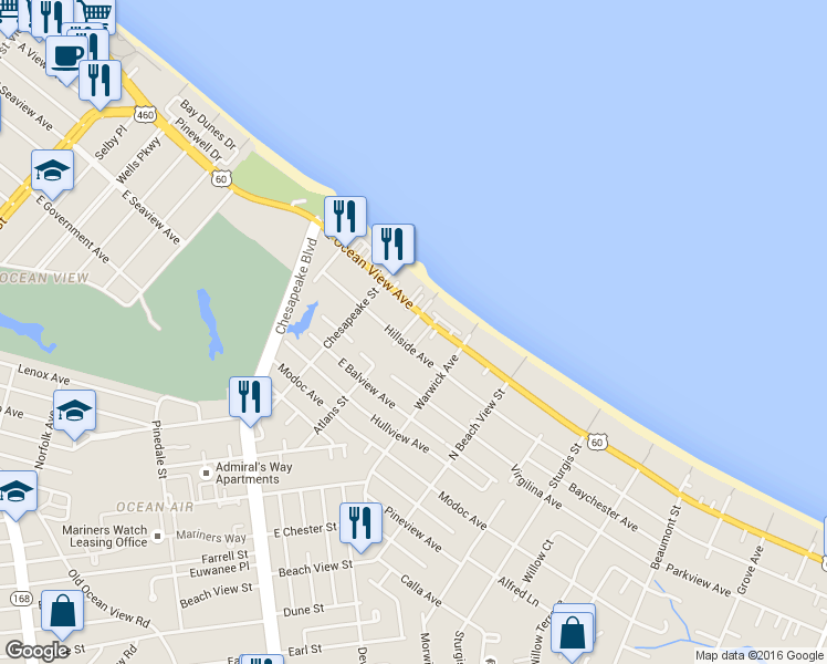 map of restaurants, bars, coffee shops, grocery stores, and more near 9632 Atlans Street in Norfolk