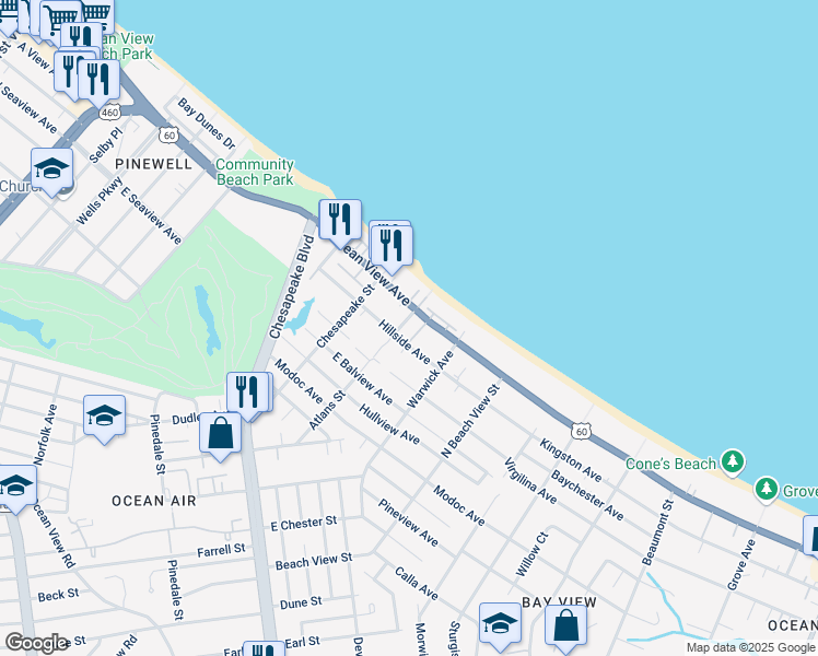 map of restaurants, bars, coffee shops, grocery stores, and more near 9632 Atlans Street in Norfolk