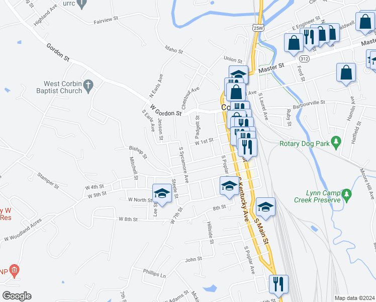 map of restaurants, bars, coffee shops, grocery stores, and more near 9 Gilliam Street in Corbin
