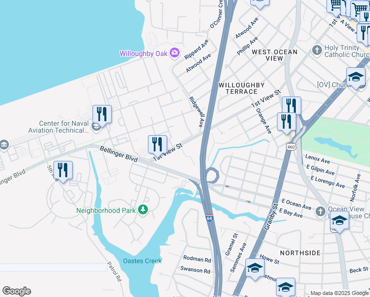map of restaurants, bars, coffee shops, grocery stores, and more near 244 Burgoyne Road in Norfolk