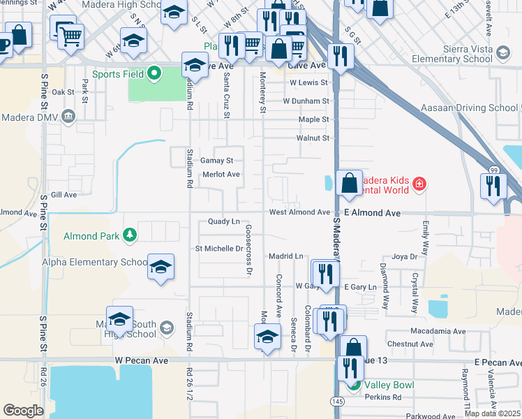 map of restaurants, bars, coffee shops, grocery stores, and more near 879 Monterey Street in Madera