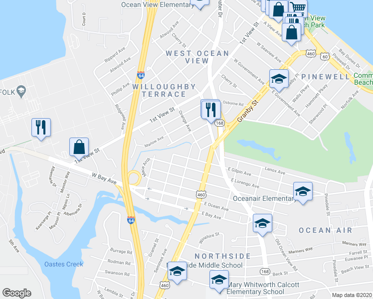 map of restaurants, bars, coffee shops, grocery stores, and more near 9280 Chelsea Avenue in Norfolk